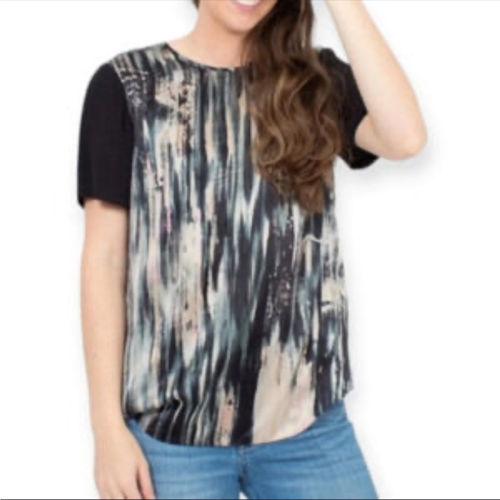 Rebecca Taylor Silk Black White Short Sleeve Abstract Round neck Blouse Size 4